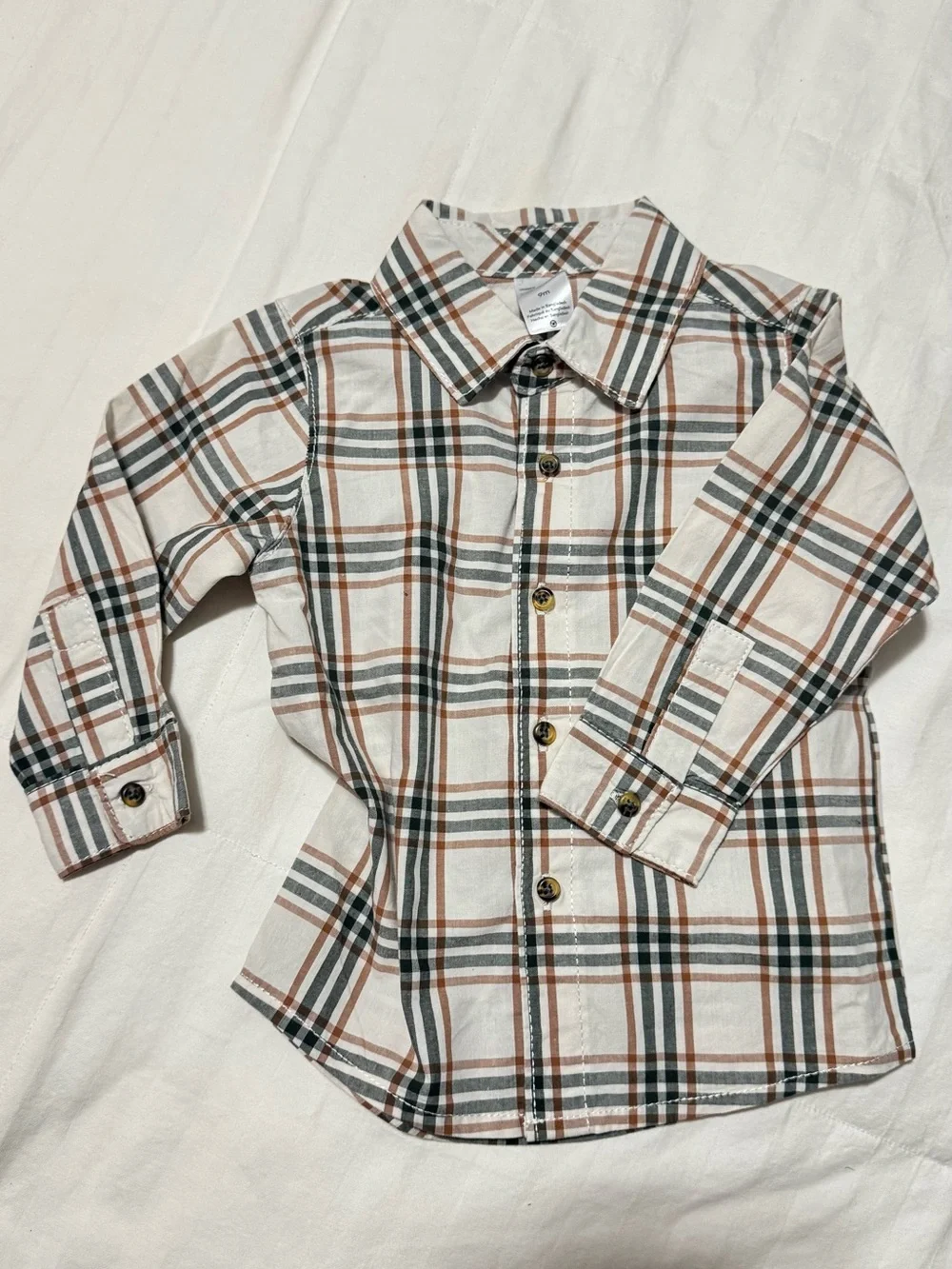 Carter's Cream Plaid Button-Down Shirt with Brown & Green Stripes